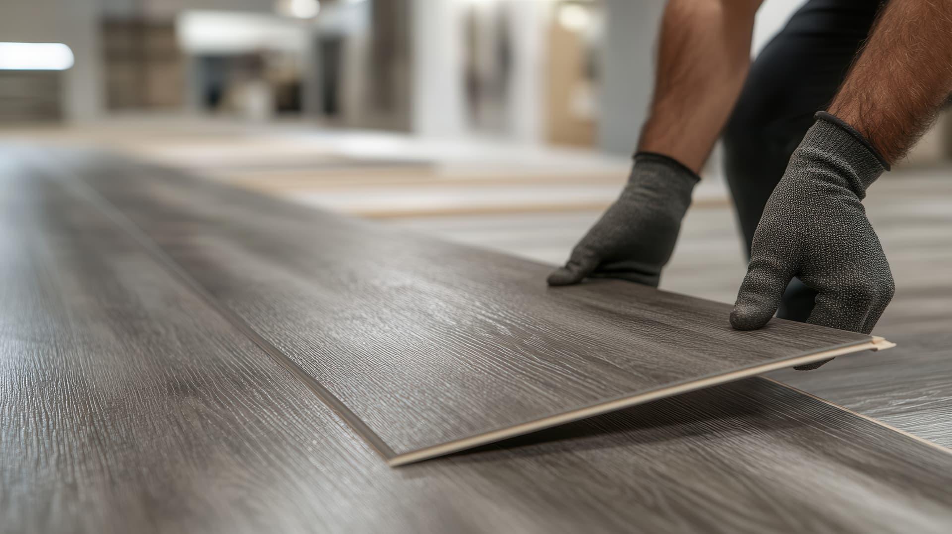 Installer in work gloves laying grey vinyl plank flooring
