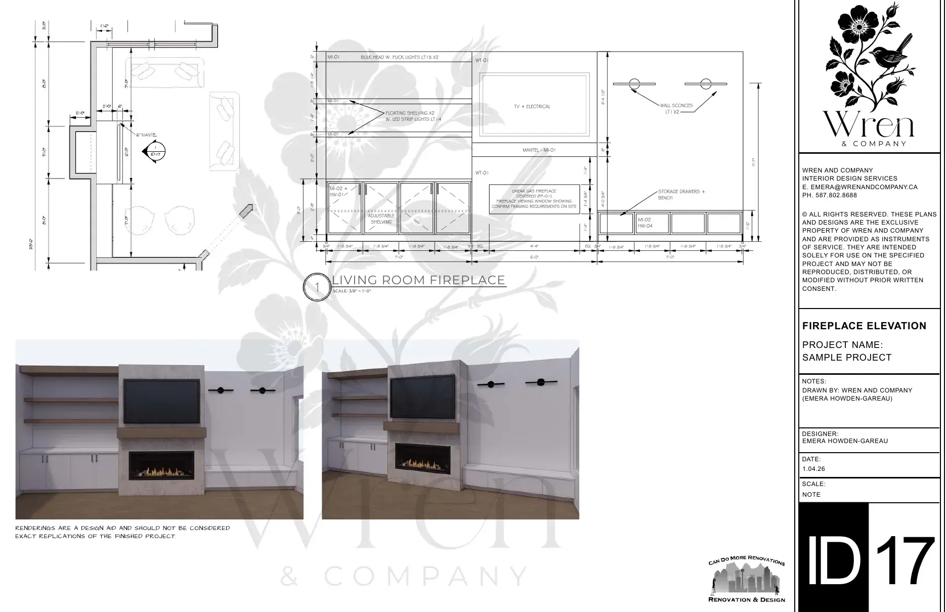 Sample living room fireplace elevation with built-in shelving and 3D renderings
