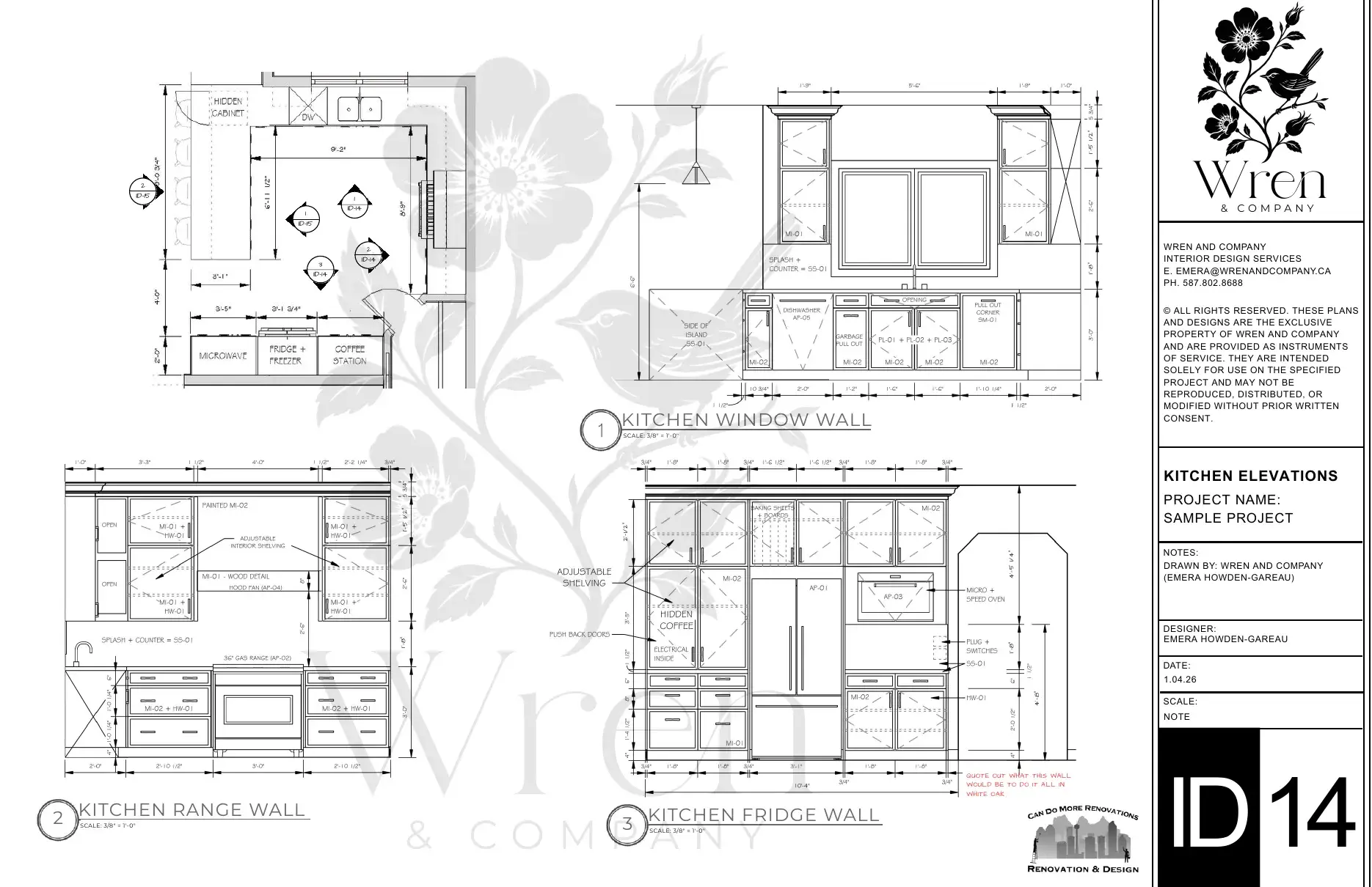 Sample kitchen drawing with floor plan and window, range and fridge wall elevations