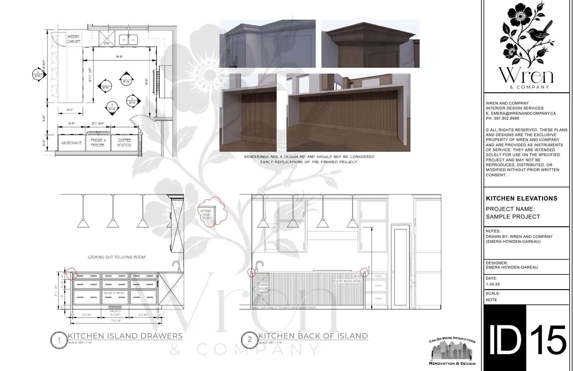 Sample kitchen island drawing with drawer and back-of-island elevations and a 3D rendering