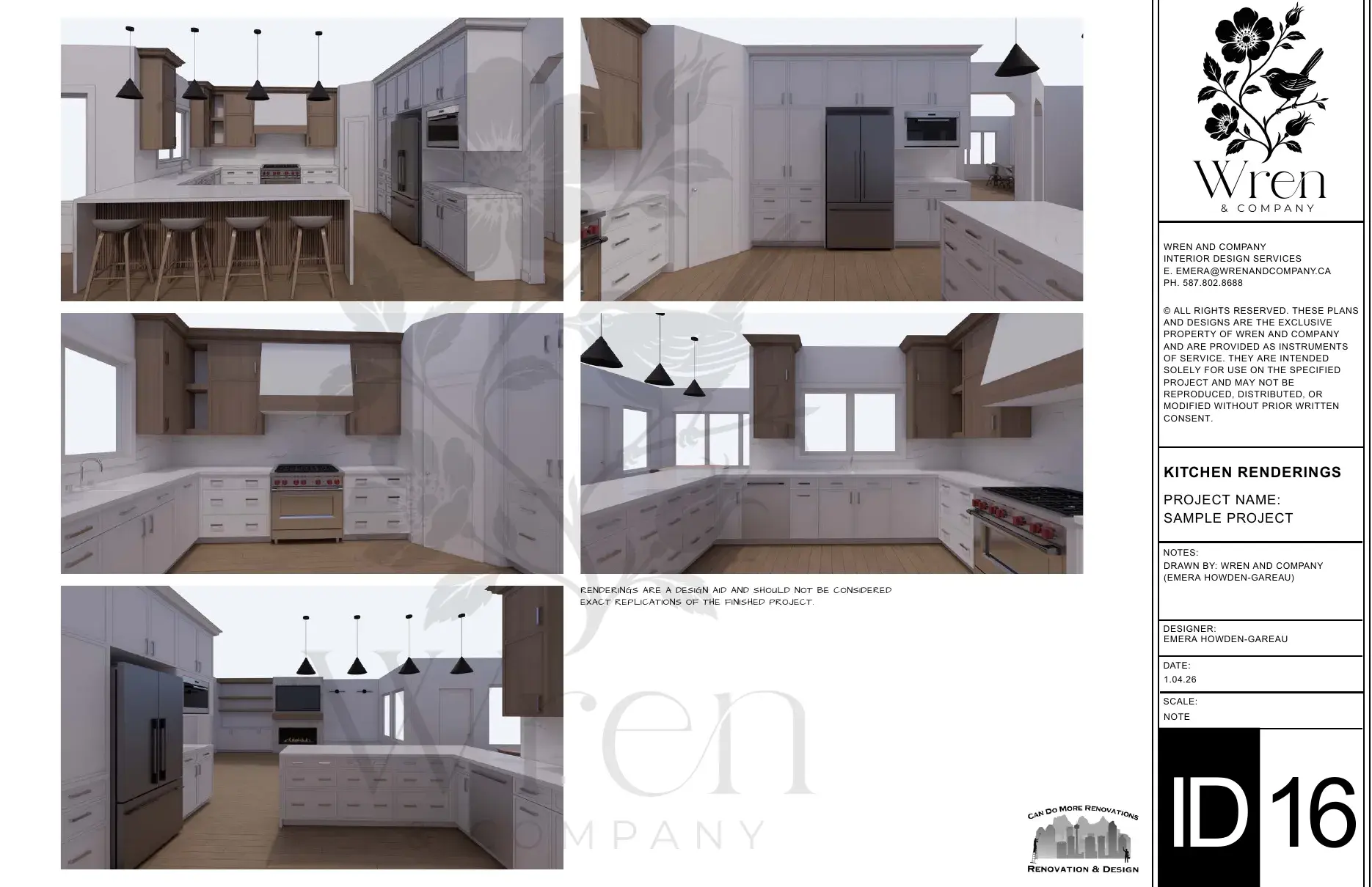 Sample sheet of 3D kitchen renderings from several angles