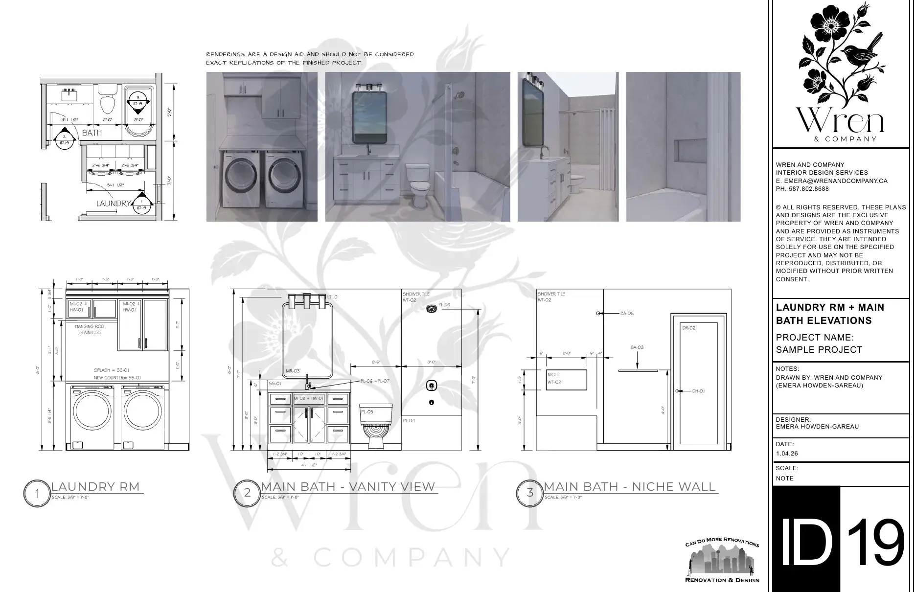 Sample laundry room and main bath vanity and niche wall elevations with renderings
