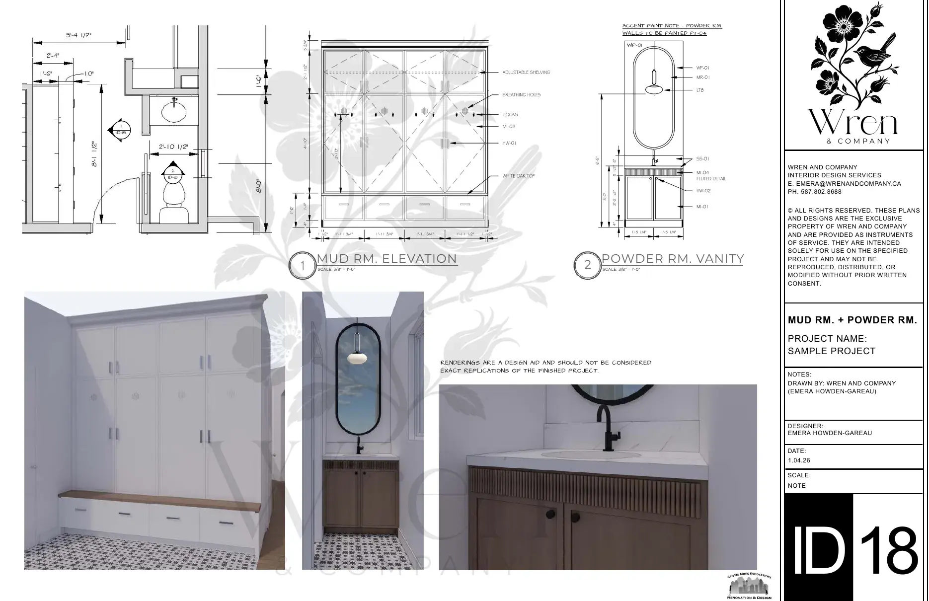 Sample mudroom and powder room vanity elevations with 3D renderings