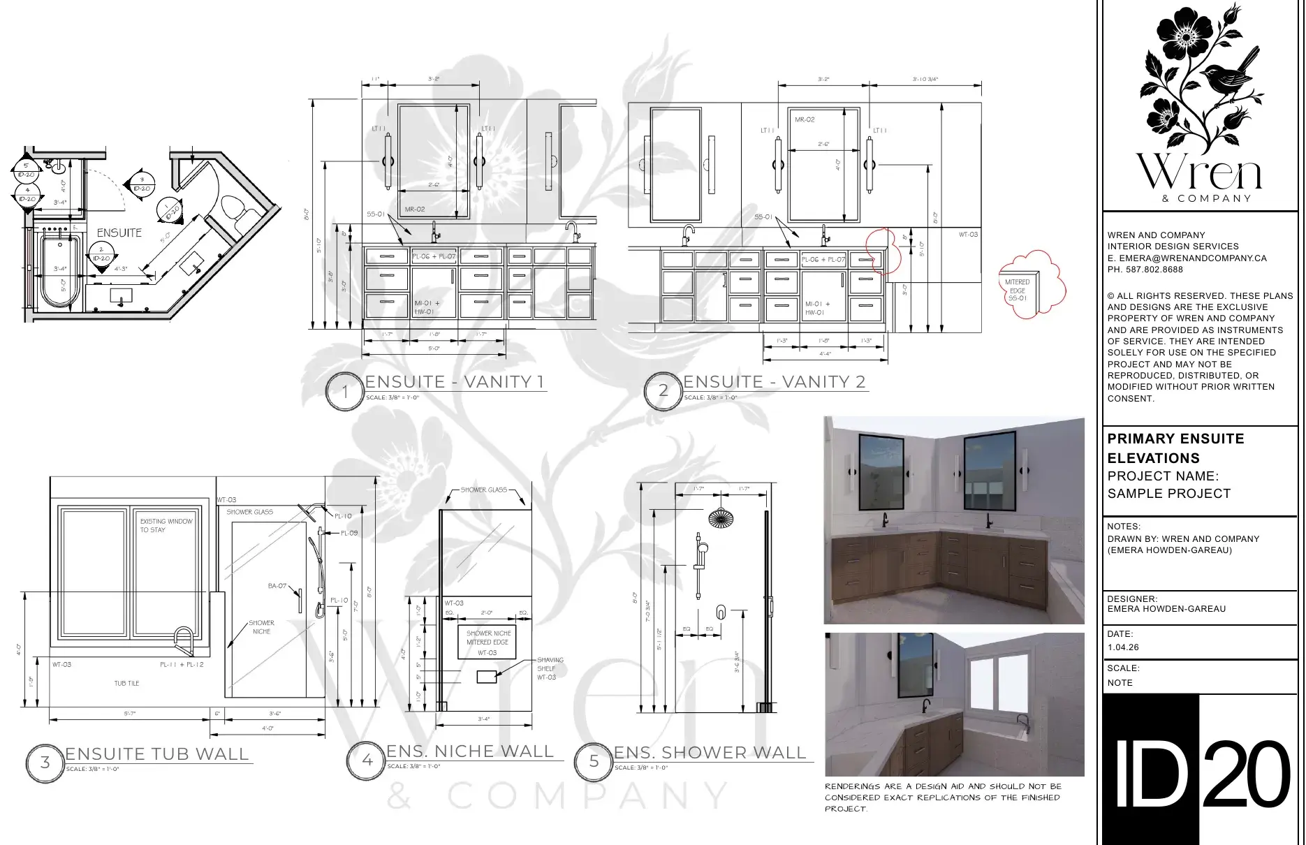 Sample primary ensuite floor plan with vanity, tub wall and shower wall elevations