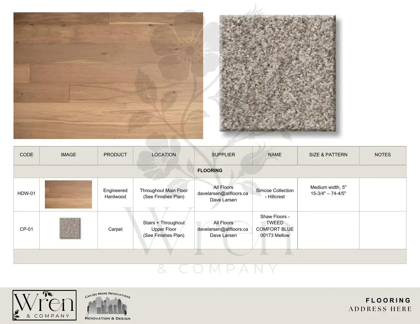 Sample specification page for engineered hardwood and carpet flooring