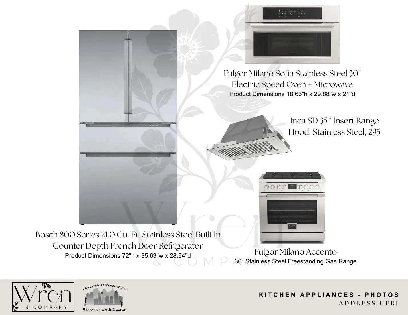 Sample specification page showing kitchen appliances with product dimensions