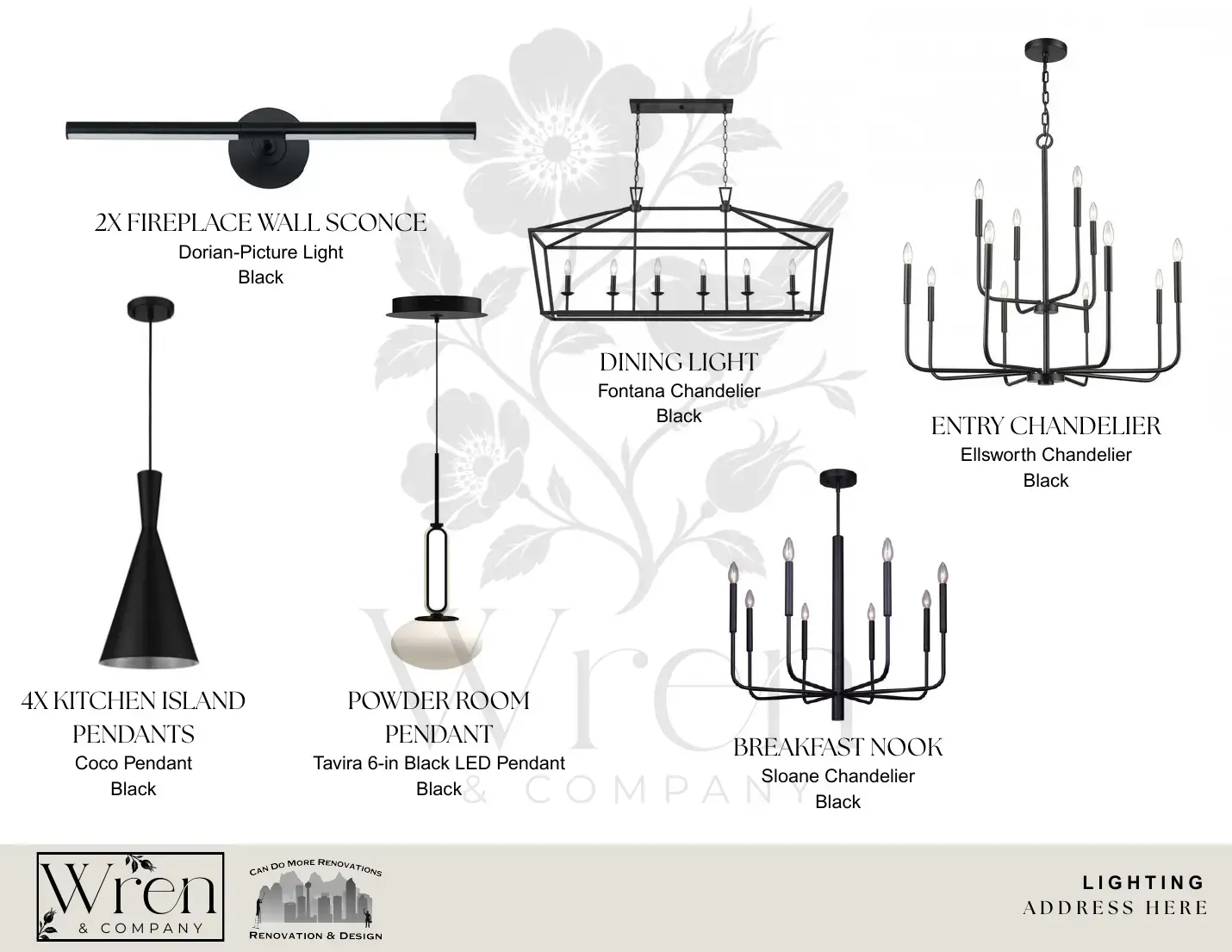 Sample specification page showing black light fixtures for each room