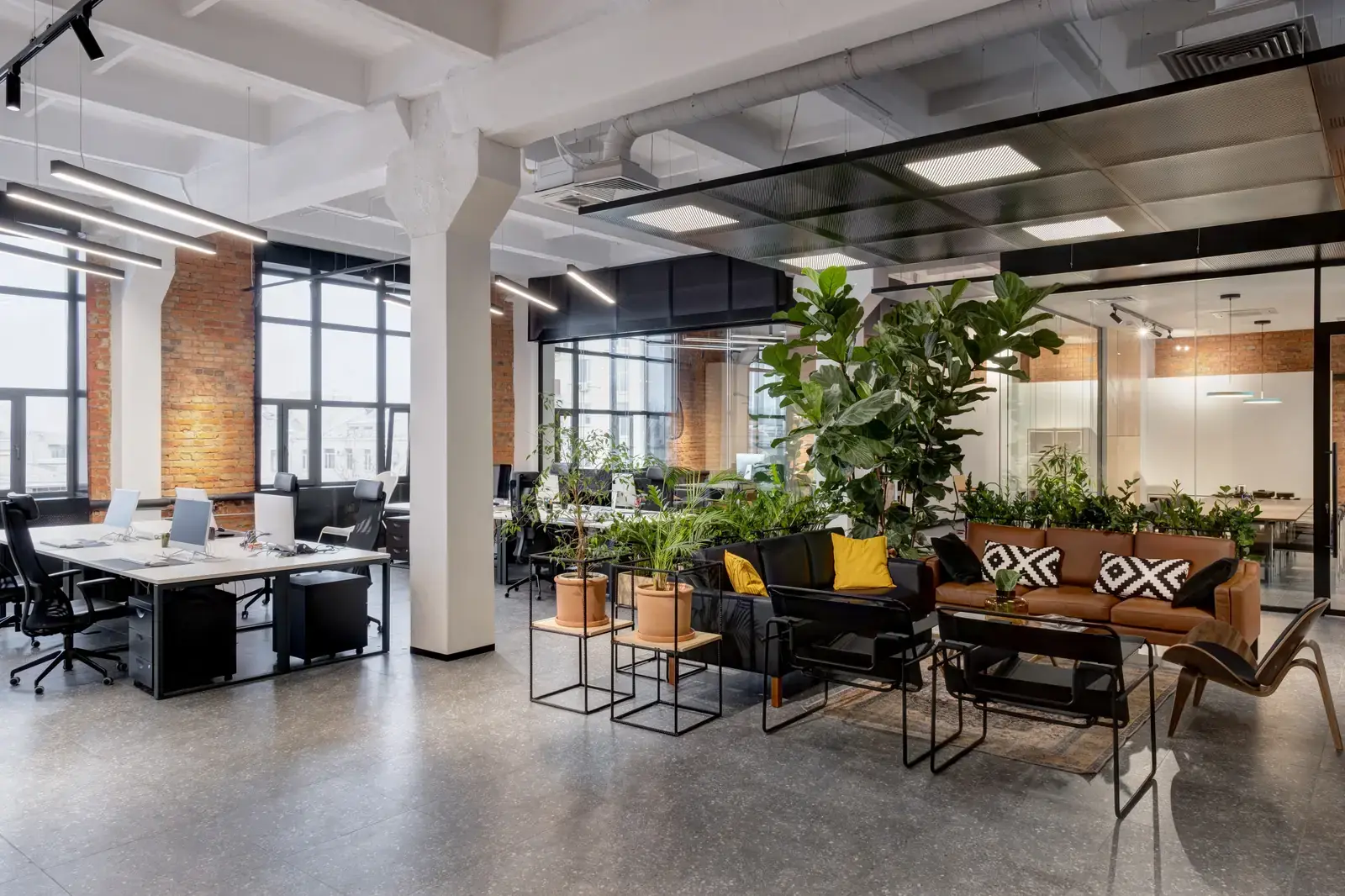 Modern commercial office renovation with lounge seating, glass partitions, and greenery in Calgary by Can Do More