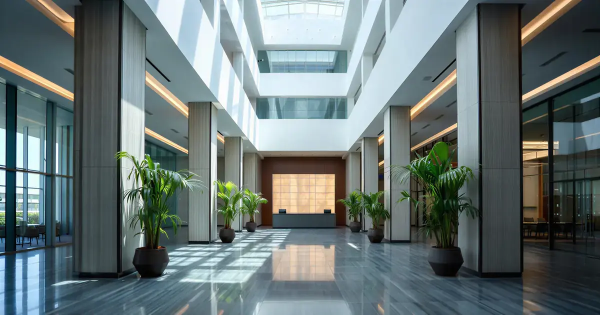 Commercial renovation of a corporate lobby with polished floors and reception area by Can Do More in Calgary