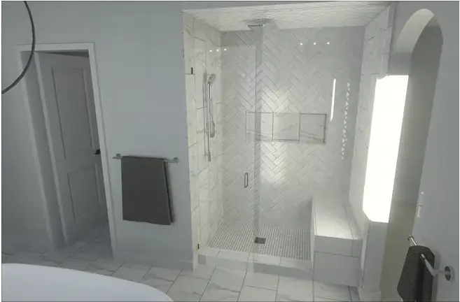 St. Cyr ensuite 3D rendering with freestanding tub and walk-in shower