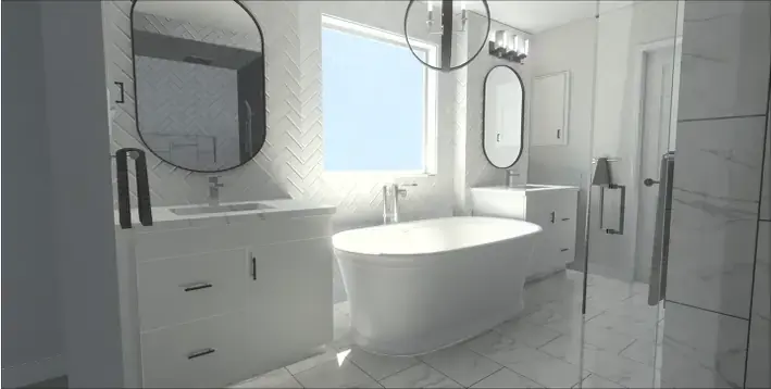 St. Cyr bathroom 3D rendering with herringbone tile and round mirror