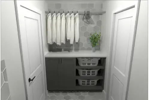 St. Cyr closet and laundry 3D rendering with built-in shelving