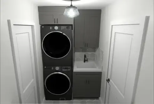 St. Cyr laundry room 3D rendering with stacked washer dryer and round mirror